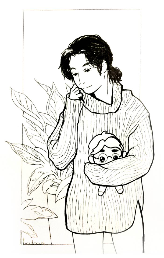 Ye Zun in a comfortable oversize sweater, holding a plush Shen Wei in his arm.